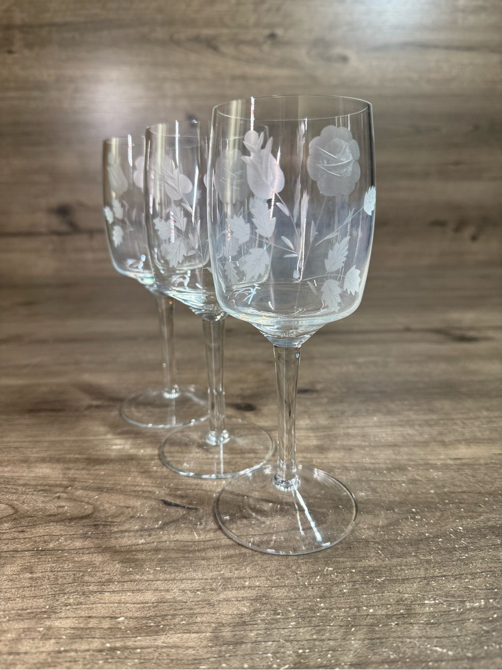 (3) Vintage Toscany Etched Floral Wine Crystal Glass Set of 3